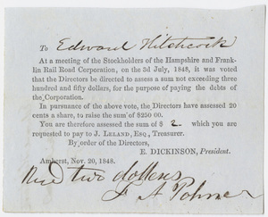 Edward Dickinson note to Edward Hitchcock, 1848 November 20
