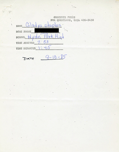 Citywide Coordinating Council daily monitoring report for Hyde Park High School by Gladys Staples, 1975 September 10