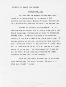 Statement of Senator Paul Tsongas on Rhodesia Sanctions