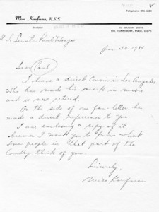 Letter from Mico Kaufman, N. S. S. to U.S. Senator Paul Tsongas