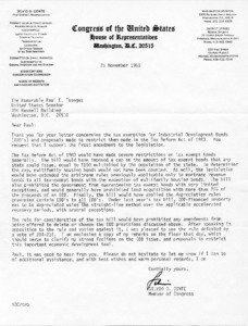 Letter to Paul E. Tsongas from Silvio O. Conte regarding the tax exemption for Industrial Development Bonds