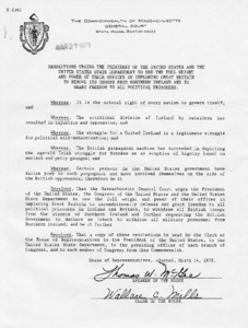 Resolutions urging the President of the United States and the United State Department to use the full weight and power of their offices in imploring Great Britain to remove its troops from Northern Ireland and grant freedom to all political prisoners.