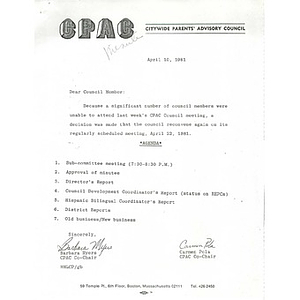 Citywide Parents' Advisory Council agenda and minutes, March 31, 1981.