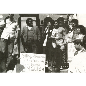 Community leaders speak out at a 1986 Bilingual Education Rally at the steps of the Massachusetts State House