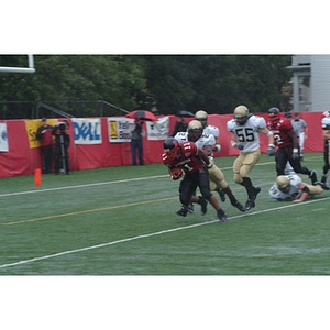 Northeastern player holds onto the ball at homecoming football came against William & Mary