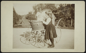 Full-length double portrait of Margaret Crocker, standing next to a baby carriage, location unknown, ca. 1890