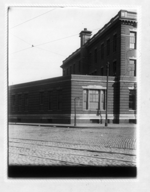 View of corner and side of Boston City Hospital Relief Station