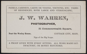 Trade card for J.W. Warren, photographer, 31 Commonwealth Square, Cottage City, Mass., undated