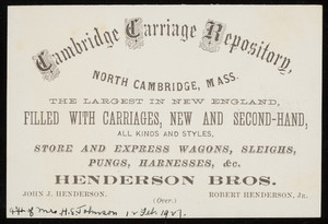 Trade card for the Cambridge Carriage Repository, Henderson Bros., North Cambridge, Mass., undated