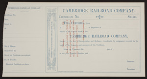 Stock certificate for the Cambridge Railroad Company, Cambridge, Mass., 186?
