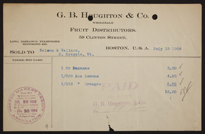 Billhead for G.B. Houghton & Co., wholesale fruit distributors, 59 Clinton Street, Boston, Mass., dated July 18, 1906
