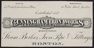 Trade card for the Cunningham Iron Works, Charlestown and 83 Water Street, Boston, Mass., undated