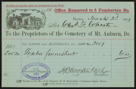 Billhead for Mt. Auburn Cemetary, Boston, Mass., dated March 2, 1889