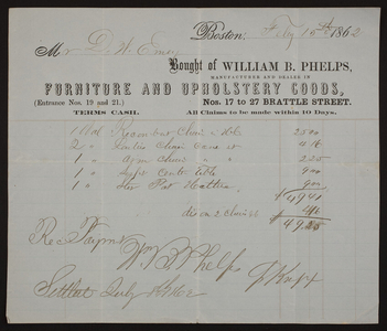 Billhead for William B. Phelps, manufacturer and dealer in furniture and upholstery goods, Nos. 17 to 27 Brattle Street, Boston, Mass., dated February 15, 1862