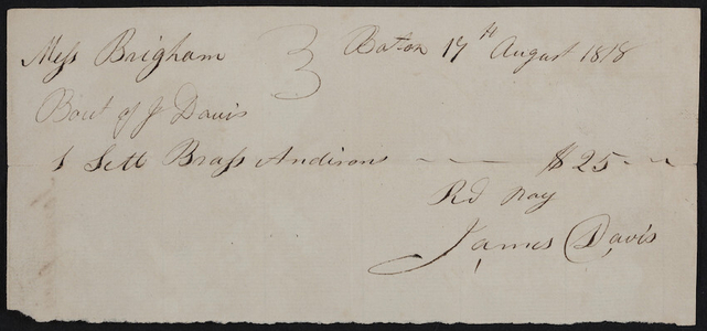 Billhead, James Davis, brass and copper, Boston, Mass., dated August 17, 1818