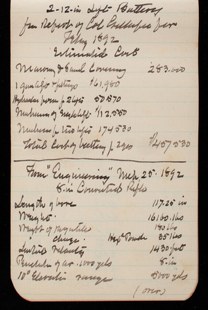 Thomas Lincoln Casey Notebook, Professional Memorandum, 1889-1892, undated, 35, 2-12-in Left Battery