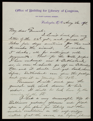 Bernard R. Green to Thomas Lincoln Casey, August 26, 1891