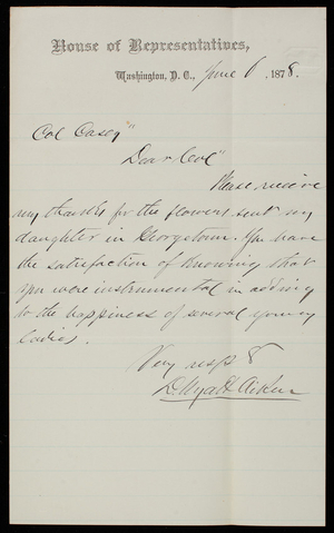 D. Wyatt Aiken to Thomas Lincoln Casey, June 6, 1878