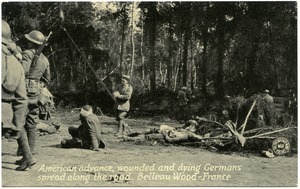 American advance, wounded and dying Germans spread along the road, Belleau Wood, France