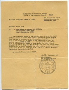 Order to Robert E. Dillon to report for active duty