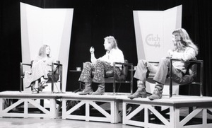 Commune members at the WGBY Catch 44 (public access television) interview: Anne Baker, James Baker, and Bruce Geisler on stage