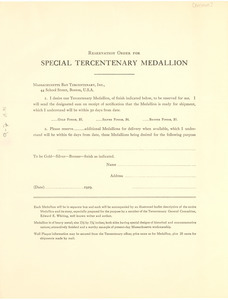 Massachusetts Bay Tercentenary medallion blank order form