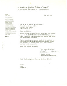 Letter from American Jewish Labor Council to W. E. B. Du Bois