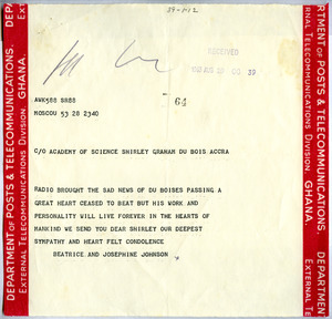 Telegram from Beatrice and Josephine Johnson to Shirley Graham Du Bois