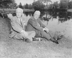 George Caleb Hubbard and Herbert Warner Dana sitting by the campus pond
