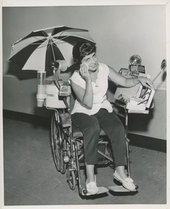 Woman in specially equipped wheelchair