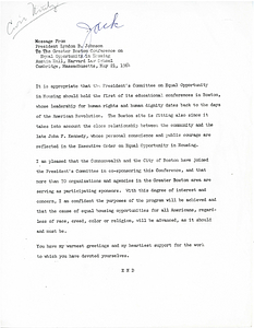 Letter from President Lyndon B. Johnson to the Greater Boston Conference on Equal Opportunity in Housing concerning the President's Committee on Equal Opportunity in Housing