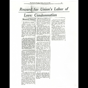 Photocopy of Boston Globe article, Reward for union's labor of love