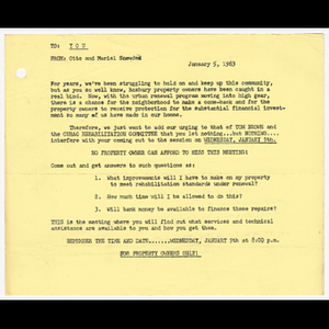 Letter from Otto and Muriel Snowden to Roxbury property owners about meeting on January 9, 1963 with CURAC Rehabilitation Committee