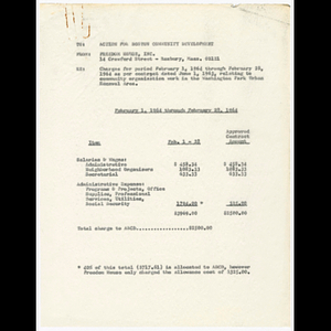 Monthly invoice to Action for Boston Community Development (ABCD) from Freedom House about Washington Park Urban Renewal Area Project for February through May 1964