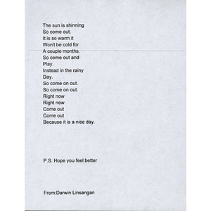 Poem sent to Boston Medical Center ("The sun is shining...")