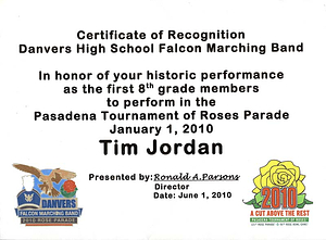 Certificate of recognition for 8th graders who marched with DHS Band in Rose Bowl Parade