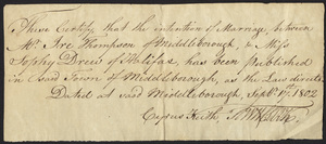 Marriage Intention of Ira Thompson of Middleborough and Sophia Drew, 1802
