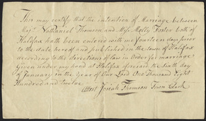 Marriage Intention of Nathaniel Thomson and Molly Foster, 1812