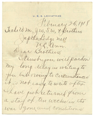 Letter from Garrett Lawson Taylor to Jephtha Lodge, No. 11, 1918 February 26
