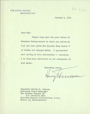Letter from President Harry S. Truman to Melvin M. Johnson, 1950 January 3