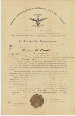 Certificate appointing Nathan H. Gould as Deputy for the State of Rhode Island for the Supreme Council, Northern Masonic Jurisdiction