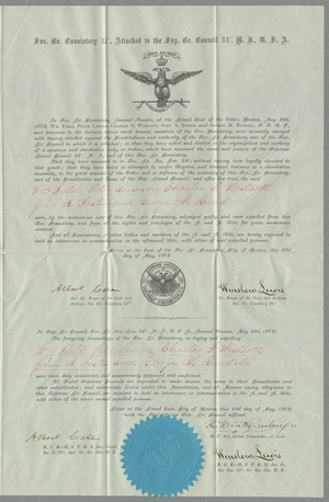 Sovereign Grand Consistory expulsion certificate for William Field, Peter Lawson, Charles S. Westcott, John A. Foster, and George M. Randall, 1862 May 23