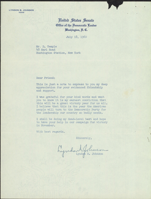 Letter from Senator Lyndon B. Johnson to Douglas Temple, 1960 July 18