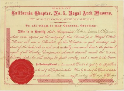 Royal Arch dimit issued to Holmes Samuel Chipman, 1871 October 3