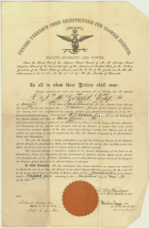 Certificate appointing Nathan H. Gould as Deputy for the State of Rhode Island for the Supreme Council, Northern Masonic Jurisdiction, 1862 May 2