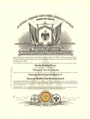 Honorary 33° certificate issued to Clement Mario Silvestro, 1981 September 30