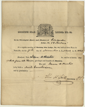 Communication from Morning Star Lodge, No. 85, to Concord Lodge, No. 58, on the expulsion of Isaac B. Hunter