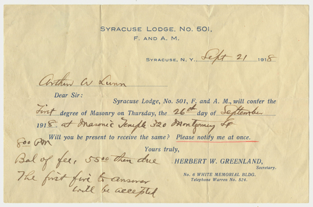 Summons from Secretary Herbert W. Greenland to Arthur W. Lunn, 1918 September 21
