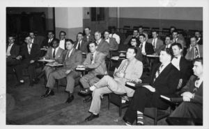 Suffolk University Law School students attend class, circa 1950s