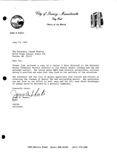 Letter from Quincy Mayor James Sheets to John Joseph Moakley regarding the Boston Harbor clean-up, including a letter from Sheets to Thomas Bigford of the National Marine Fisheries Service, 15 June 1992